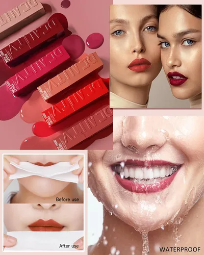 Miniatura 5 de Lápiz labial líquido mate para mujeres - 2 unidades, rosa nude y rojo vino, tinte labial altamente pigmentado, brillo labial mate aterciopelado