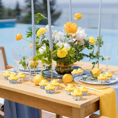 Miniatura 4 de Funrous 200 forros de papel para cupcakes de limón con azulejos azules, tazas de limón para hornear, encontró su principal decoración de despedida