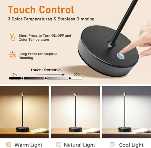 Miniatura 3 de Juego de 2 lámparas de mesa recargables inalámbricas, lámpara de escritorio LED de 6000 mAh con batería, control táctil, atenuación de 3