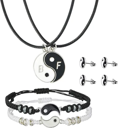 Collares Yin Yang para 2 mejores amigos con pulseras de cordón ajustables a juego y aretes para mejor amiga, amistad, San Valentín, novio, novia,