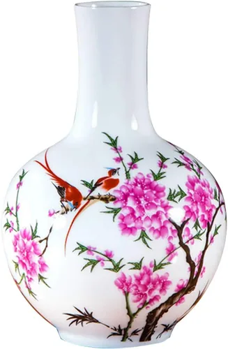 Miniatura 17 de Jarrón de cerámica blanco chino, Jingdezhen Birds Peony Flower Jarrones de porcelana blanca Decoración para el hogar B5