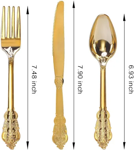 Miniatura 9 de WDF 300 cubiertos de plástico dorado desechables, cubiertos de plástico resistente, juegos de cubiertos dorados que incluyen 100 tenedores, 100 Oro