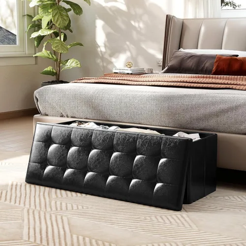 Miniatura 8 de Banco otomano plegable de almacenamiento de 43 pulgadas, taburete plegable para pie de cama con bolsillo lateral, baúl de almacenamiento para sala