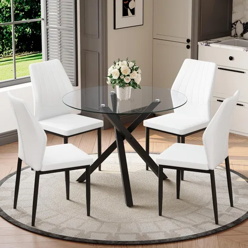 Miniatura 23 de Juego de mesa de comedor redonda para 6, juego de mesa de comedor de vidrio de 39 pulgadas con base de metal ajustable dorada en forma de X y 6