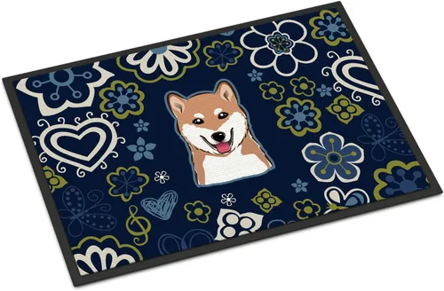 Caroline's Treasures BB5076JMAT - Felpudo Shiba Inu con flores azules, 24 x 36 pulgadas, tapete para puerta delantera, para interiores y exteriores,