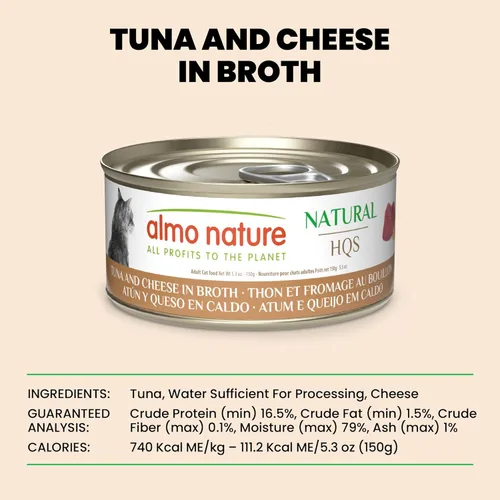 Miniatura 6 de almo nature HQS - Comida húmeda natural para gatos con atún y queso en caldo, sin granos, 5.29 onzas (paquete de 24))