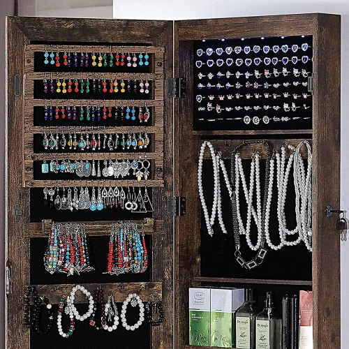 Miniatura 6 de GISSAR - Armario de joyería con espejo de longitud completa armario de joyería de 6 LED montado en la pared para colgar sobre la puerta organizador
