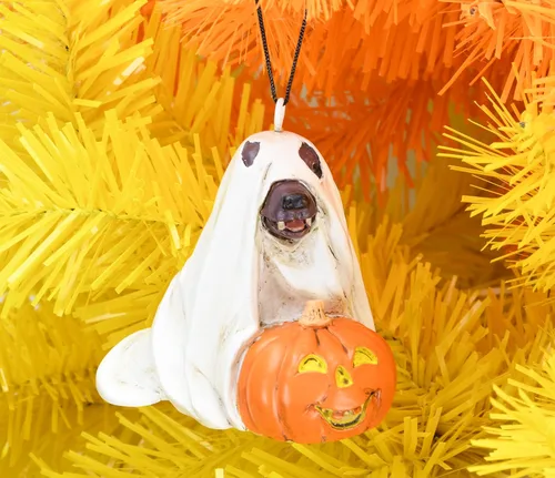 Miniatura 3 de Tree Buddees Lindo perro vestido como fantasma con calabaza adorno de Halloween
