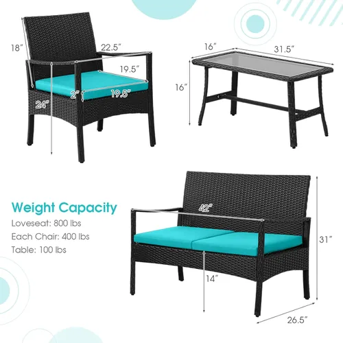 Miniatura 9 de HAPPYGRILL Juego de 4 muebles de mimbre para patio, juego de conversación de mimbre de polietileno, sofá de ratán con cojines, mesa de centro