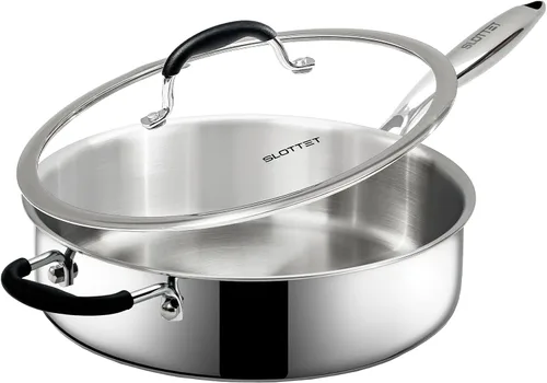 Miniatura 9 de SLOTTET Sartén de acero inoxidable de tres capas con tapa, sartén profunda de 5 cuartos de galón con cómodo mango de silicona, sartén de 11.5