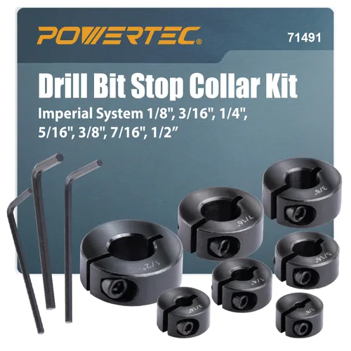 POWERTEC Juego de collar de tope de broca, juego de 7 piezas de tapón de profundidad de broca ajustable con llave Allen, tope de brocas con marcas