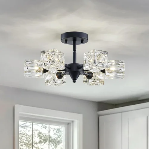 Miniatura 12 de XINGQI Lámpara de techo moderna de 6 luces, lámpara de montaje semiempotrado Sputnik, lámparas de araña doradas en negro para recámara, comedor