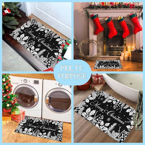Miniatura 6 de Tapete negro de Navidad para entrada al aire libre, antideslizante, ramas de pino acebo, piñas, decoración de Feliz Navidad, tapete lavable