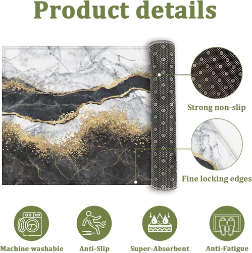 Miniatura 3 de Tapete de baño de mármol blanco y negro, antideslizante, lavable, de secado rápido, para entrada, interior y exterior, lavandería, 17 x 30 pulgadas