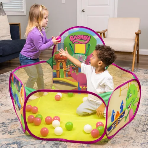 Miniatura 4 de Barney Zona de juegos desplegable, pozo de pelotas con 25 pelotas de juego y aro de baloncesto, niños mayores de 2 años