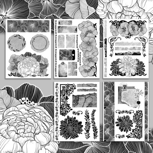 Miniatura 3 de HANATABA - Paquete de papel (15 hojas de 8 x 11 pulgadas), ramos de flores monocromáticas HANATABA vintage estilo Art Deco para manualidades y Papel