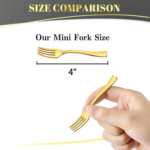 Miniatura 2 de 100 mini tenedores dorados de 4 pulgadas, pequeños tenedores de postre de plástico dorado, desechables, resistentes, diminutos tenedores