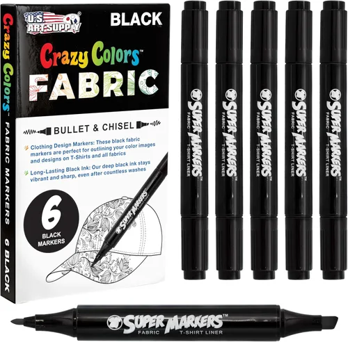 U.S. Art Supply Super Marcadores Negros de Doble Punta para Tela Permanentes para Ropa - Juego de 6 Bolígrafos de Tela con Tinta Permanente, de