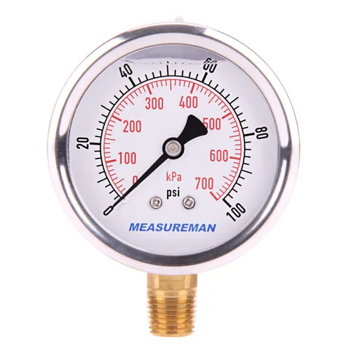 MEASUREMAN - Manómetro de presión 1/4 NPT, manómetro de presión lleno de glicerina 0-100psi/kPa con esfera de 2.5 pulgadas y caja de acero