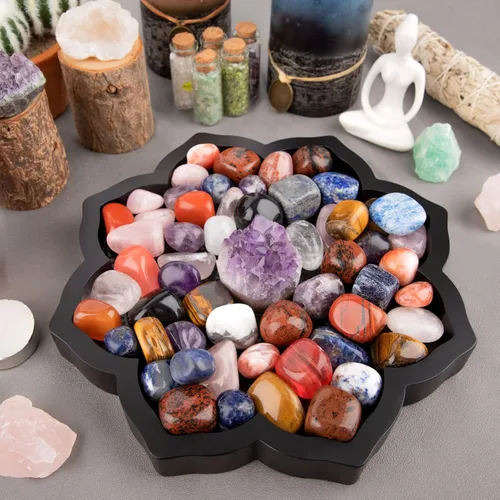 Miniatura 2 de Mooncraftlogy Bandeja de cristal Lotus, quemador de incienso de madera para palo/cono, soporte para exhibición de piedras preciosas, organizador