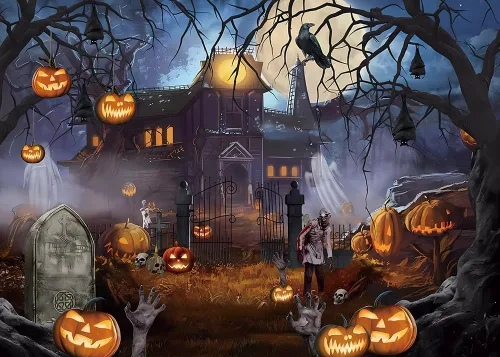 Miniatura 7 de Telón de fondo temático de Halloween para fotografía, castillo de fantasmas, luna, noche aterradora, calabaza, farol, cuervo, fondo para fotos