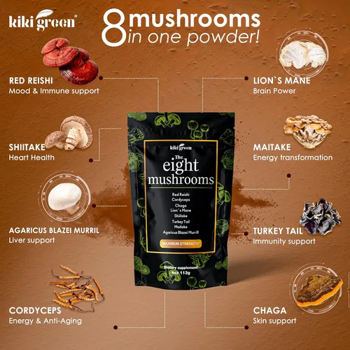 Miniatura 2 de KIKI Green Extracto de polvo de 8 hongos – Complejo adaptogénico de 4 onzas para café y batidos – Melena de León, Chaga, Reishi, Cordyceps, Maitake