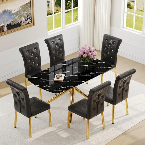 Miniatura 41 de Juego de mesa de comedor moderna para mesa de comedor negra de 4,63 pulgadas, juego de 4 con patas de metal dorado, mesa de cocina rectangular