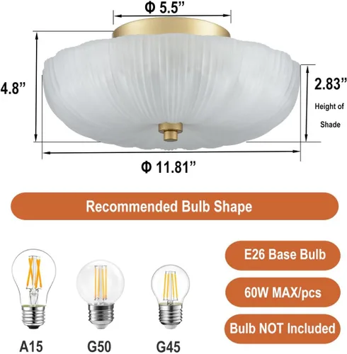 Miniatura 6 de DIRYZON Lámpara de techo semiempotrada de 12 pulgadas, luces de techo modernas, lámpara de techo de latón de 3 luces con vidrio esmerilado