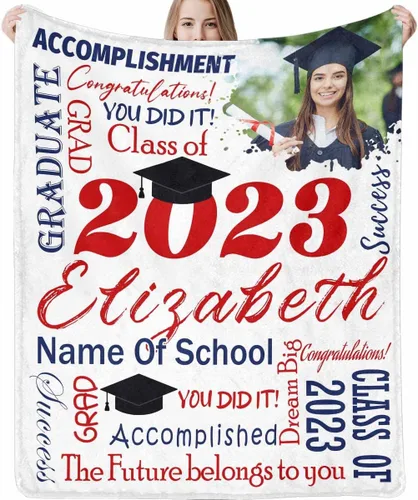 Miniatura 19 de Decoraciones de graduación 2023, manta de regalo para ella, él, felicitaciones 2023, azul oscuro, manta de graduado con nombre personalizado, No.11
