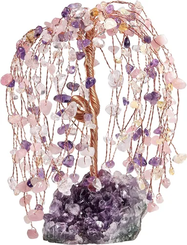 Nupuyai Árbol de la riqueza de piedra de cristal de alambre de cobre con base de racimo de amatista, hecho a mano, bonsái para la buena suerte, Feng