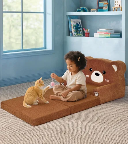 Miniatura 2 de Foryoomi Sofá para niños, sofá de bebé de 2 en 1 suave con manta plegable, silla cómoda, sofá de felpa convertible plegable, regalos para niños Oso