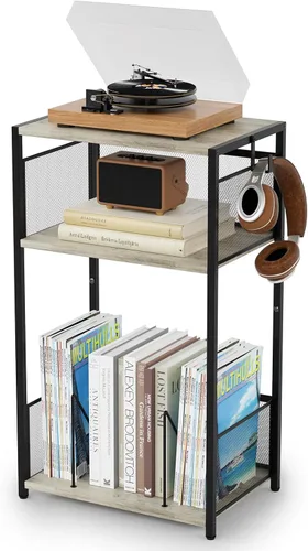 Miniatura 7 de Aduanbang Mesa auxiliar de 3 niveles, soporte para tocadiscos con almacenamiento de hasta 100 álbumes, soporte giratorio para vinilo, estante