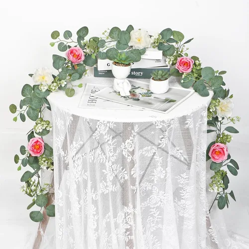 Miniatura 52 de TOCHGREEN Paquete de 2 Guirnaldas de Flores de Eucalipto Artificial de 12 Pies con Rosas Champán, Guirnalda de Flores de Rosa Falsa Verdor