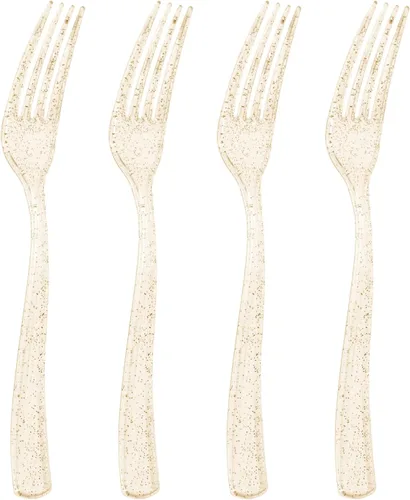 Miniatura 9 de Goodluck Paquete de 50 tenedores de plástico dorados, tenedores resistentes, desechables, cubiertos de plástico perfectos para bodas, fiestas, cenas