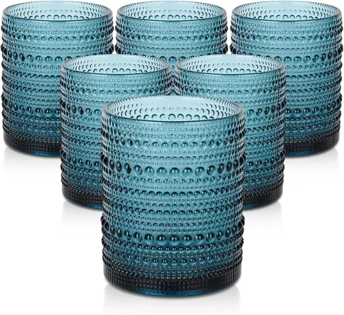 Miniatura 29 de ZMOWIPDL Juego de vasos de vidrio vintage de 6 vasos de vidrio de hobnail de 15 onzas, vaso de agua azul en relieve, para cerveza, cóctel, whisky