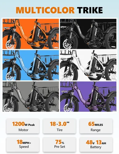 Miniatura 2 de Bicicleta eléctrica para adultos, triciclo de 1200 W de potencia máxima y batería extraíble de 499.2 Wh, neumáticos gruesos de 18x3.0, bicicleta