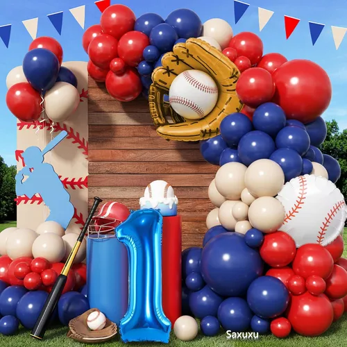 Arco de globos de béisbol con globo azul marino número 1 de 40 pulgadas, decoraciones de fiesta de primer cumpleaños para niños con guante de
