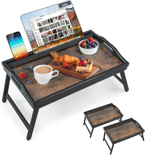 Miniatura 9 de Paquete de 2 bandejas de cama para mesa de desayuno, bandejas de servicio de altura ajustable para comer, bandeja de bambú para laptop con patas