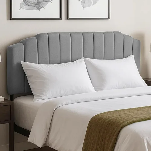 Miniatura 8 de Cabecera tapizada de altura ajustable, cabecera de terciopelo crema, diseño moderno de canal vertical con borde superior de silueta escalonada Beige