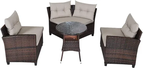 Miniatura 9 de Tangkula - Juego de muebles de patio de 4 piezas en forma de C de mimbre para exteriores, con cojines y mesa de centro con cubierta de cristal