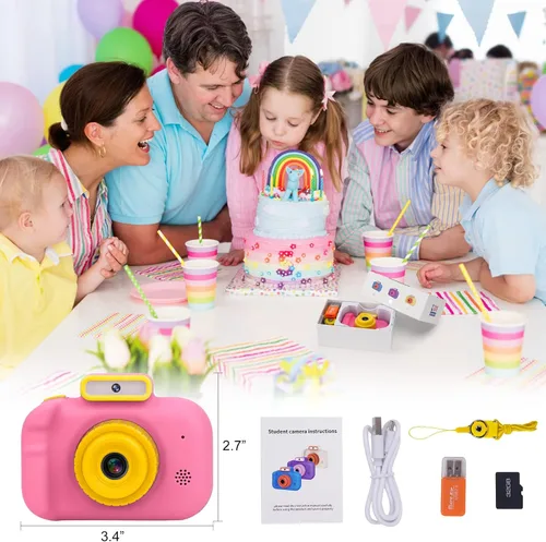Miniatura 6 de Cámara para niños, cámara digital rosa para selfie, juguetes de cumpleaños para niñas de 3 a 9 años, grabadora de video digital HD portátil