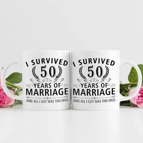 Miniatura 3 de Taza de café de 11 onzas con texto en inglés "I Survived 50 Years of Marriage and All I Got Was This Cup" para el 50 aniversario de boda y para él