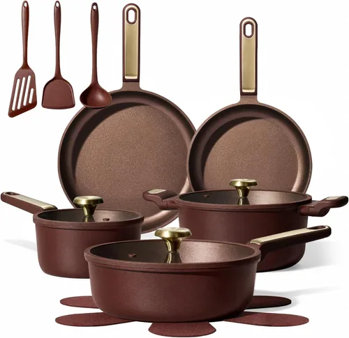 CAROTE Juego de ollas y sartenes antiadherentes, juego de 14 utensilios de cocina antiadherentes, no tóxico y libre de PFOA y PFOS, lavavajillas,
