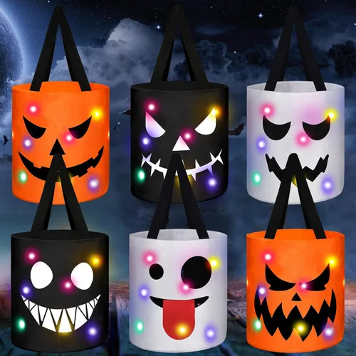Teling 6 bolsas de dulces de calabaza con luces LED para Halloween con luces LED, bolsas de regalo reutilizables para suministros de fiesta de