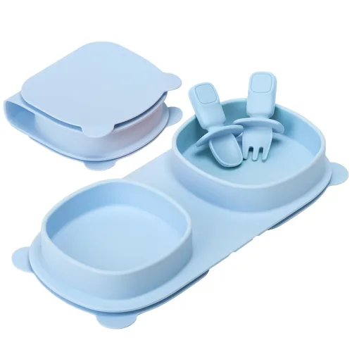 Miniatura 11 de Platos llanos plegables de silicona, platos para bebé, esenciales de viaje con tenedores y cucharas, aptos para microondas y lavavajillas, aguamarina