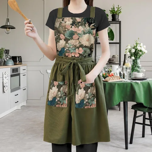 Miniatura 5 de Delantal Vintage Lindo para Mujer con Bolsillos, Delantal con Espalda Cruzada para Cocinar, Hornear, Cocina, Jardinería Verde oliva