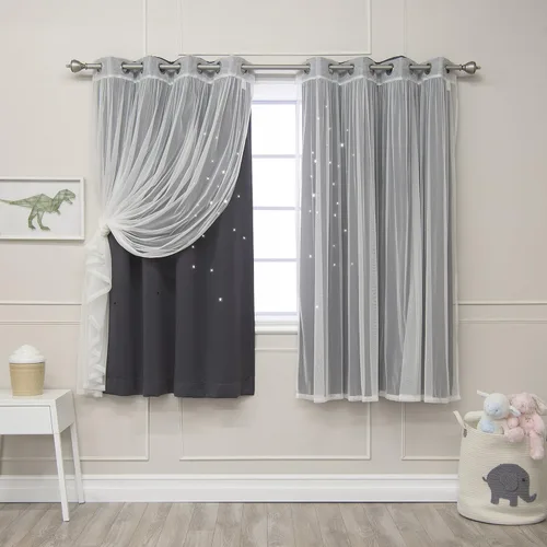 Miniatura 41 de Best Home Fashion Par de cortinas opacas con revestimiento de tul y corte láser, paneles de ventana con ojales plateados para dormitorio, habitación