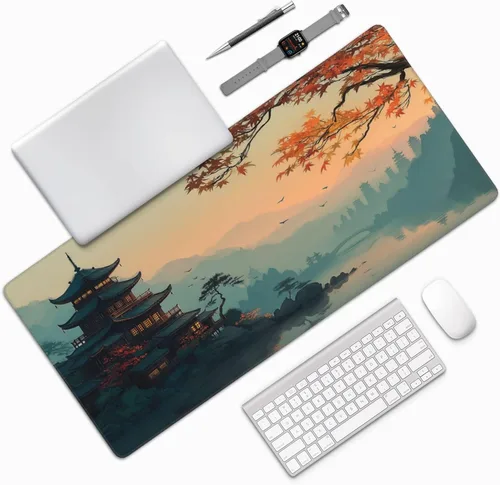 Miniatura 6 de Alfombrilla de mouse grande con diseño japonés de paisaje de edificios antiguos, alfombrilla de teclado para juegos extendida XXL, base de goma
