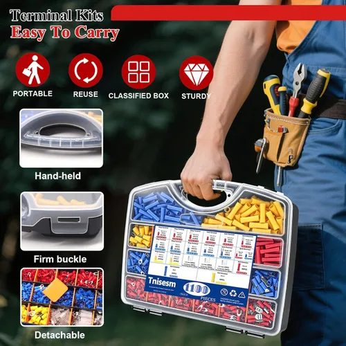 Miniatura 3 de Tnisesm Kit de conector de cable de 1100 piezas con herramienta de prensado, terminales de cable eléctrico con aislamiento de cobre, anillo, tope