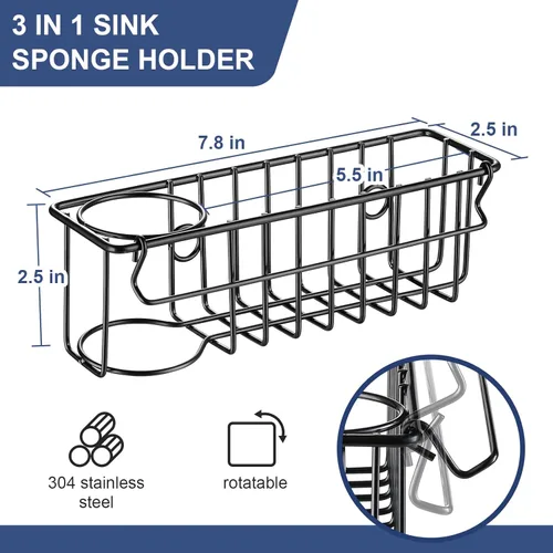 Miniatura 3 de Soporte de esponja 3 en 1 para fregadero de cocina, 2 opciones de suspensión (ventosas y gancho adhesivo), organizador de fregadero colgante